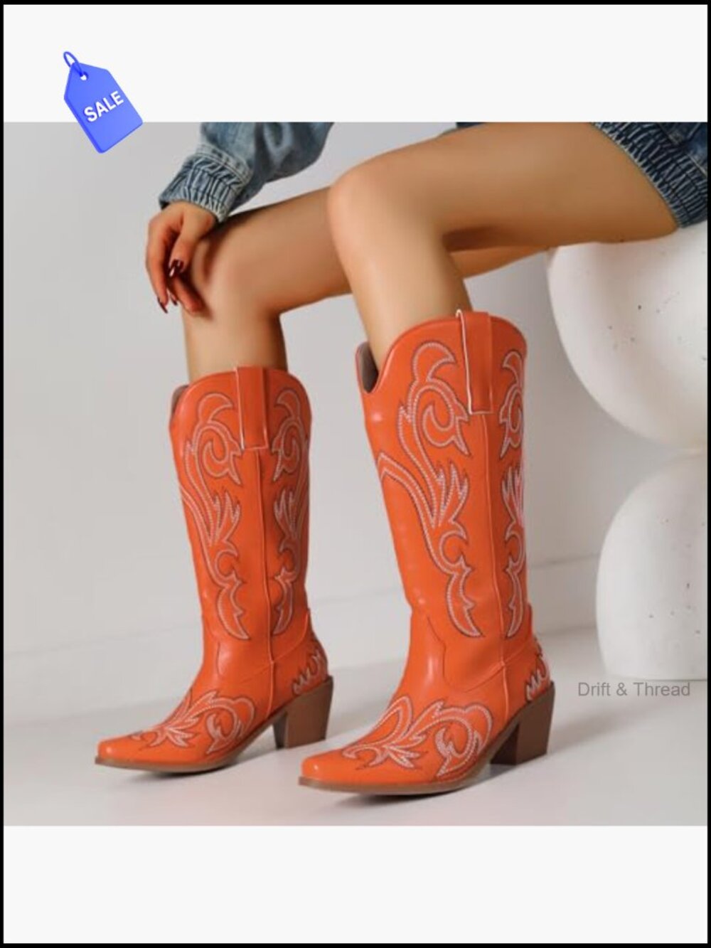 Embroidered Cowgirl Snip Toe Knee High Slip On Western Boots - Picture 7 of 7